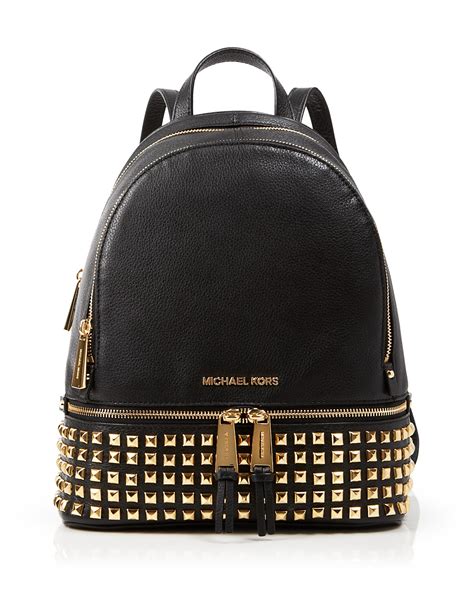 michael michael kors small rhea zip studded backpack black gold|Michael Kors mini leather backpack.